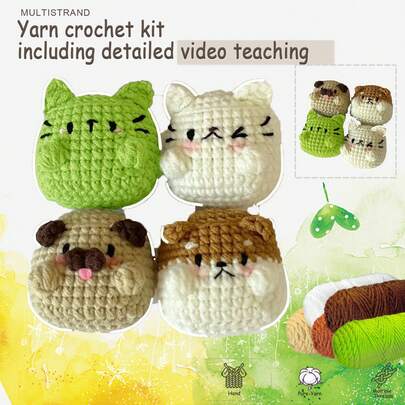 DIY 4PCS Cat Family Crochet Kit For Beginners With Step-By-Step Video Tutorials And Text Version Illustration Knitted Easy To Understand And Learn How To Crochet Animal Kit With Crochet Hooks For Creative Festival And Birthday Gift(Random Accessory Colors)Needle (1 Color Randomly Selected From 8 Colors, Total Shipment Quantity 1), Kintting Markers (1-2 Random Colors Out Of 8, Total Quantity Of 2 Shipped)