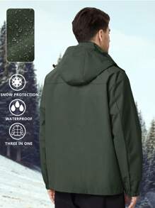 1 Áo khoác ấm màu trơn cho nam, Áo gió dày 3 trong 1, Áo khoác ngoài trời dài tay có mũ trùm đầu, Chống gió chống thấm nước, Thích hợp để trượt tuyết, Đi bộ đường dài, Trang phục thường ngày, Quần áo ngoài trời cho nam, Đồ ấm mùa đông, Áo hoodie, Áo mùa đông, Trang phục mùa đông, Áo khoác, Đồ nam, Mùa đông - xanh quân đội - Xem 2