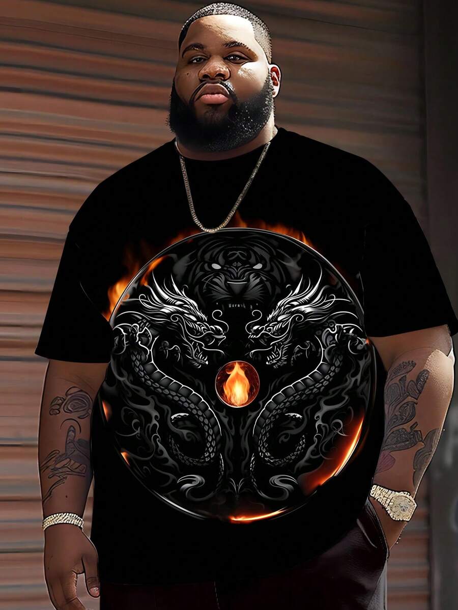 Plus Size Men's Dragon Print Short Sleeve T-Shirt, Summer