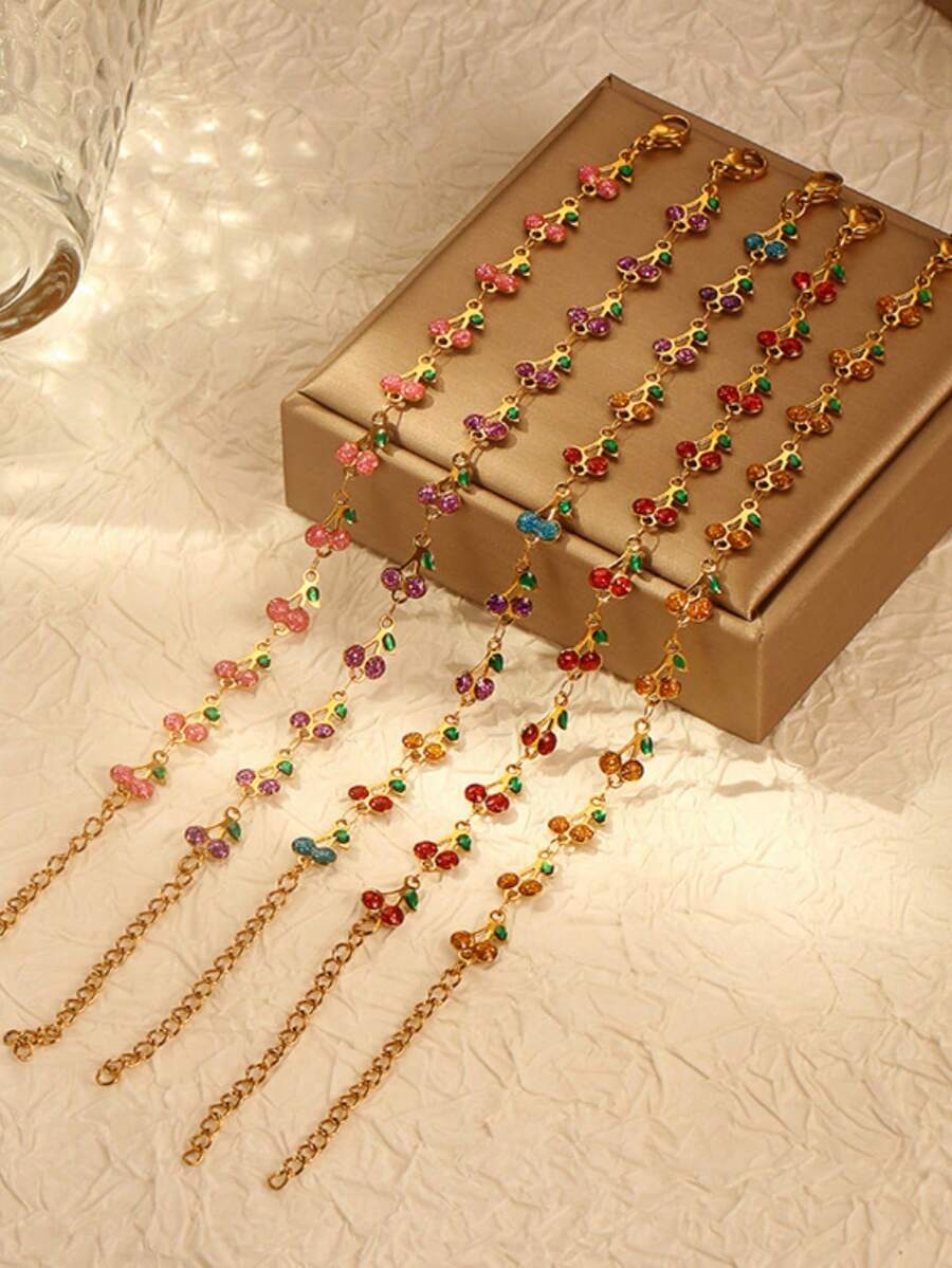 1 chiếc vòng tay hình quả anh đào bằng thép không gỉ mạ vàng 18K, tráng men nhiều màu sắc, kiểu dáng cổ điển thời trang, phù hợp cho tiệc tùng, hẹn hò hoặc công sở. - Sơn màu anh đào nhỏ giọt - Xem 1