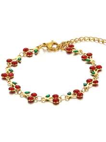 1 chiếc vòng tay hình quả anh đào bằng thép không gỉ mạ vàng 18K, tráng men nhiều màu sắc, kiểu dáng cổ điển thời trang, phù hợp cho tiệc tùng, hẹn hò hoặc công sở. - Sơn màu anh đào nhỏ giọt - Xem 2