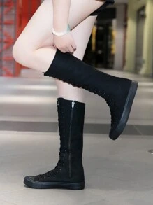 Women's Punk Style Canvas Thigh-High Flat Round Toe Lace-Up Zipper Boots, Versatile For Seasons, Suitable For Christmas, New Year, Halloween Outfits