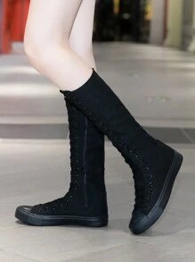 Women's Punk Style Canvas Thigh-High Flat Round Toe Lace-Up Zipper Boots, Versatile For Seasons, Suitable For Christmas, New Year, Halloween Outfits