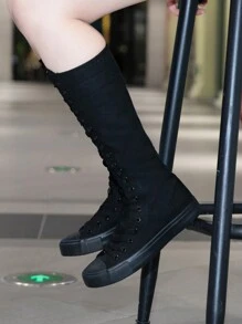 Women's Punk Style Canvas Thigh-High Flat Round Toe Lace-Up Zipper Boots, Versatile For Seasons, Suitable For Christmas, New Year, Halloween Outfits