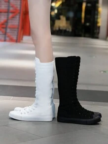 Women's Punk Style Canvas Thigh-High Flat Round Toe Lace-Up Zipper Boots, Versatile For Seasons, Suitable For Christmas, New Year, Halloween Outfits