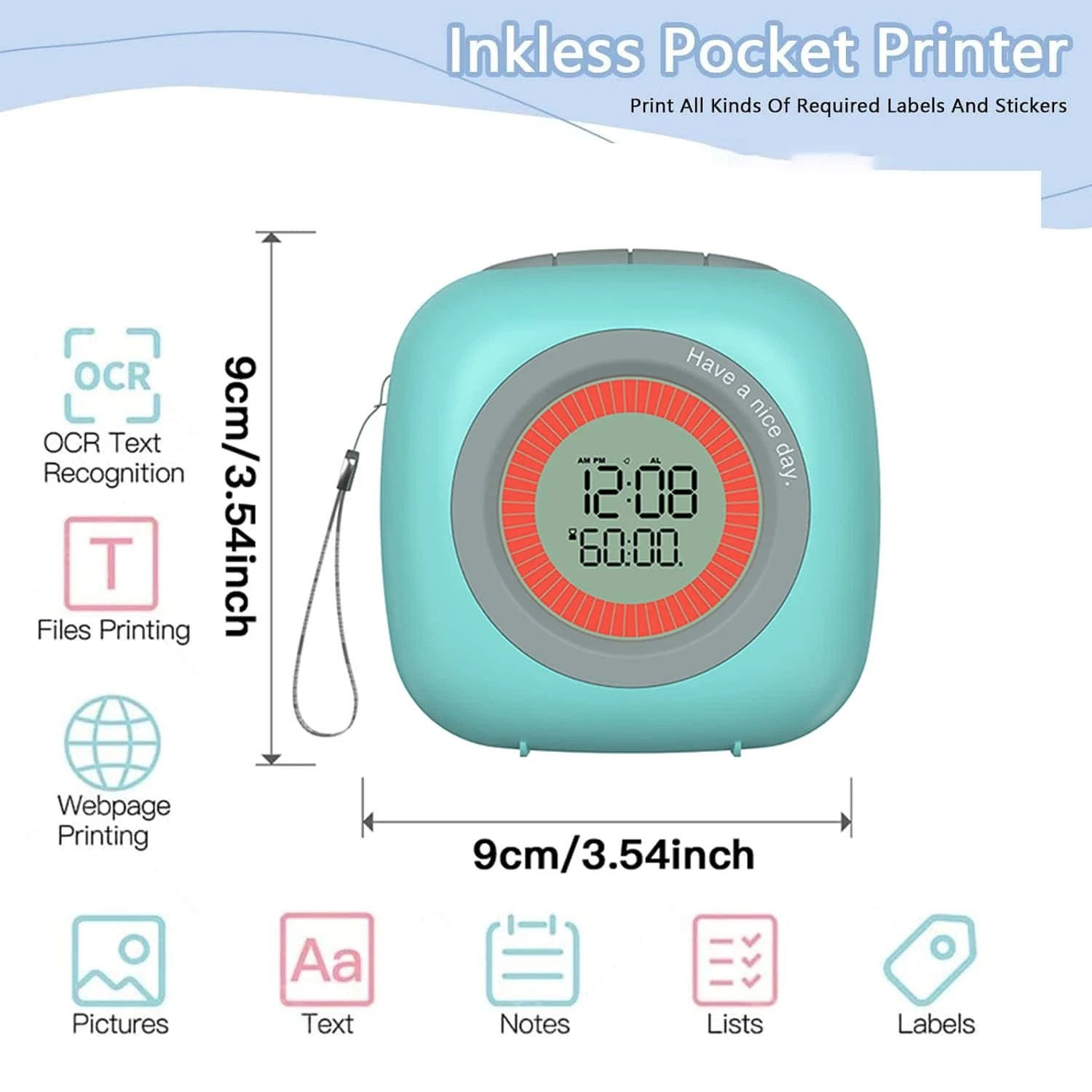 Mini Alarm Clock Printer, Portable Wireless Pocket Inkless Printer