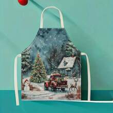 1pc Christmas Truck & Tree 3D Pattern Linen Apron For Home Cooking, Kitchen Wear, And Cooking Enthusiasts - Multicolor - View 9