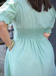 Women's Linen Dress Godet Buttons Embroidered Social Elegant Christian Fashion Party - 綠色 - 查看 4