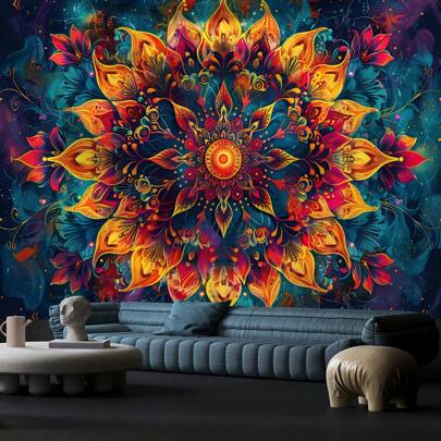 1 pezzo Arazzo da parete in tessuto con stampa floreale mandala, con 3 chiodi e 2 clip, decorazione murale in tessuto stampato rettangolare con effetto drappeggiato per soggiorno, camera da letto, cucina, decorazione per la casa, decorazione per la stanza, bandiere per la stanza, accessori per la stanza, arazzo da parete