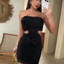 Short Dress With Crochet Applique Flowers And Lined - màu đen - Xem 2