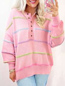 Acelitt Pink Rainbow Striped Off-Shoulder Loose Pullover Sweater - Pink - View 1