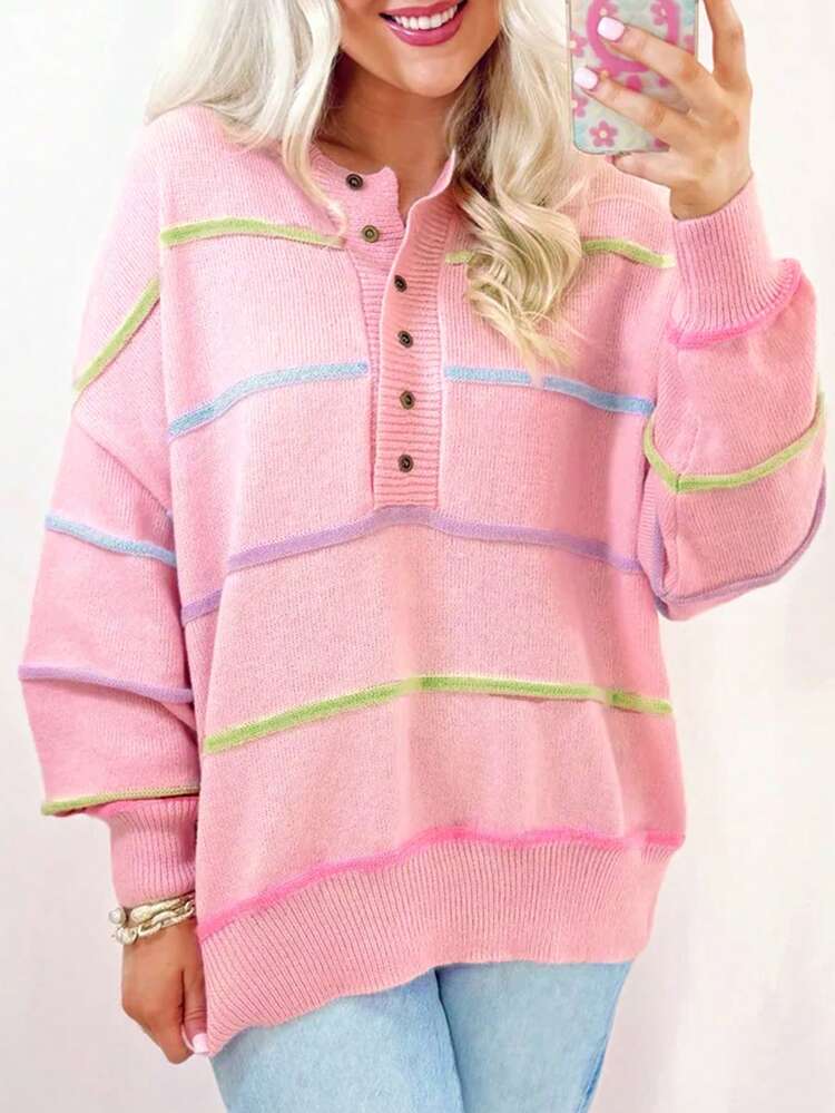 Acelitt Pink Rainbow Striped Off-Shoulder Loose Pullover Sweater