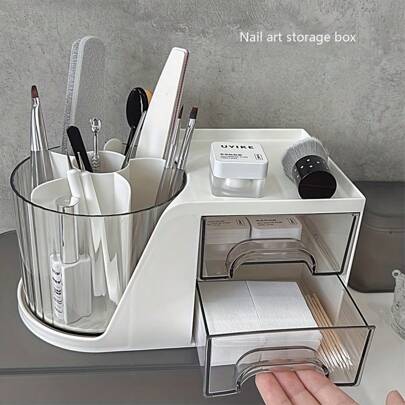 1 pieza Nueva caja de almacenamiento multifuncional giratoria, diseño práctico de empuje y extracción adecuado para herramientas de uñas, accesorios de uñas, organización de papelería