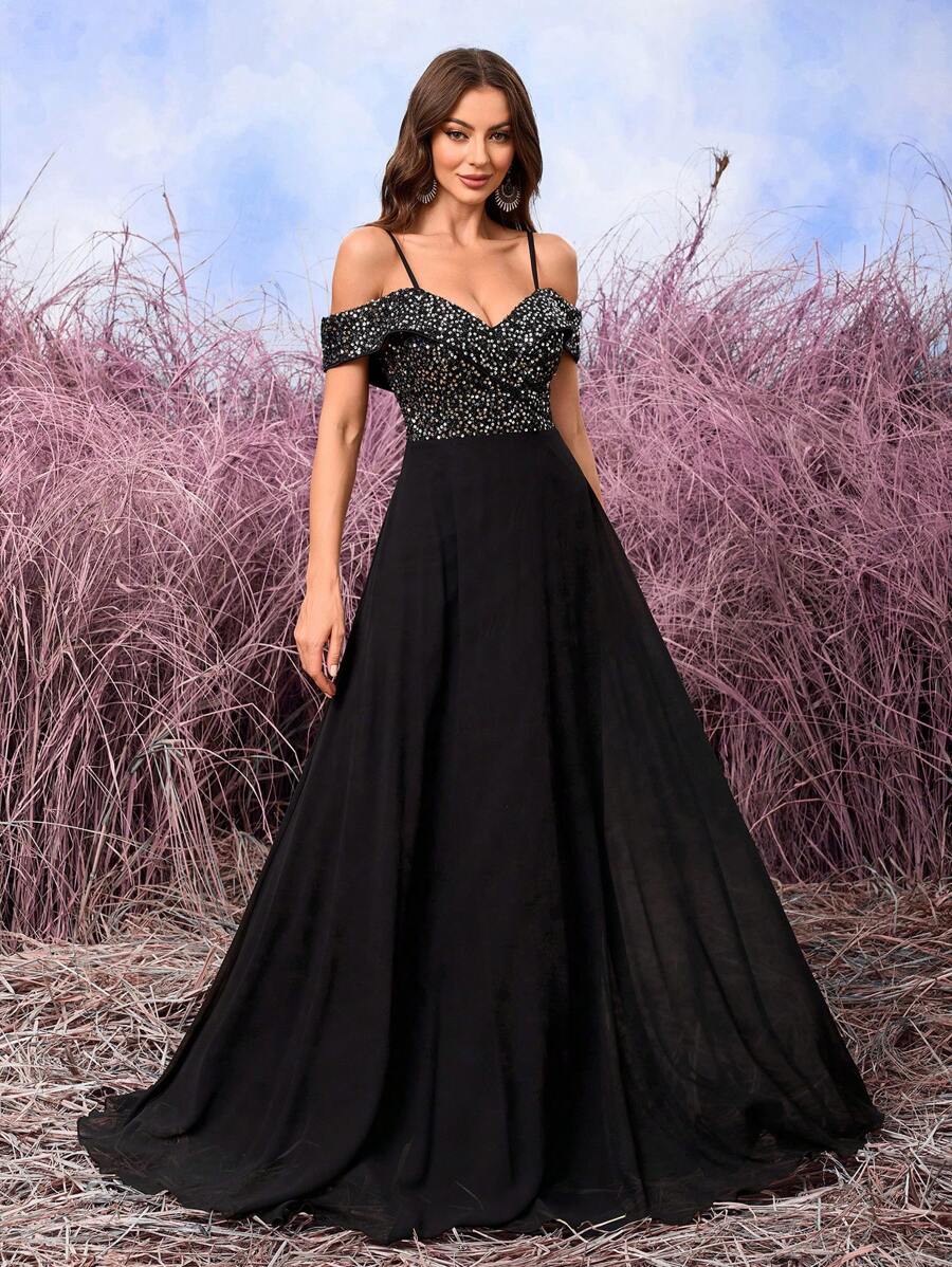 UNITHORSE Spaghetti Strap Cold Shoulder Sequin & Chiffon Formal Dress, Party Dress, Gown, Evening, Wedding Guest - Black - View 1