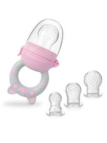4Pcs Baby Toddler Fruit Vegetable With Handles Perfect Food Supplement Food Feeder With 3 Different Size Pacifier Tips Cartoon Pig Shape Teether