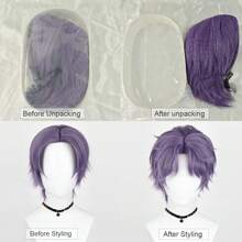 动漫游戏角色扮演短紫色合成直发假发中分蓬松耐热假发适合日常聚会 - 紫色 - 查看 6