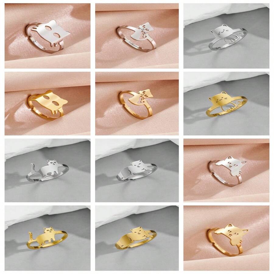 1 chiếc nhẫn mèo cưng bằng thép không gỉ dành cho phụ nữ Punk Animal Cat Nhẫn đeo tay có thể điều chỉnh cho người yêu thú cưng - Vàng - Xem 1