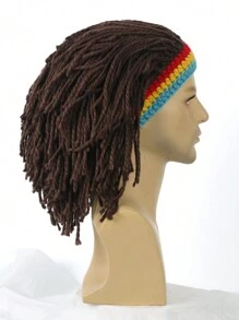 趣味编织假发帽，男女通用针织假发帽，手工钩编辫子帽，男女皆宜，保暖冬季时尚帽，派对帽 - 深棕色 - 查看 8