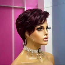 Peruka z koronką z przodu, krótka, dla kobiet, fryzura pixie, włosy ludzkie, dla czarnoskórych kobiet, 13x4x1, część T, peruki bezklejowe, do codziennego użytku, kostiumy świąteczne i halloweenowe, peruka na imprezę cosplay, krótka peruka dla kobiet, włosy ludzkie, kolor 99J, krótkie peruki z grzywką z przedziałkiem na bok