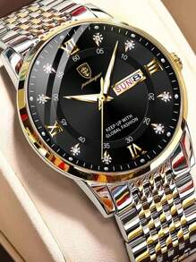 POEDAGAR 1件装时尚简约男士不锈钢双日期显示石英表，防水夜光功能，商务简约男士腕表，日常休闲男士腕表，男士礼物 - 黑色 - 查看 2