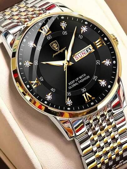 POEDAGAR 1件装时尚简约男士不锈钢双日期显示石英表，防水夜光功能，商务简约男士腕表，日常休闲男士腕表，男士礼物