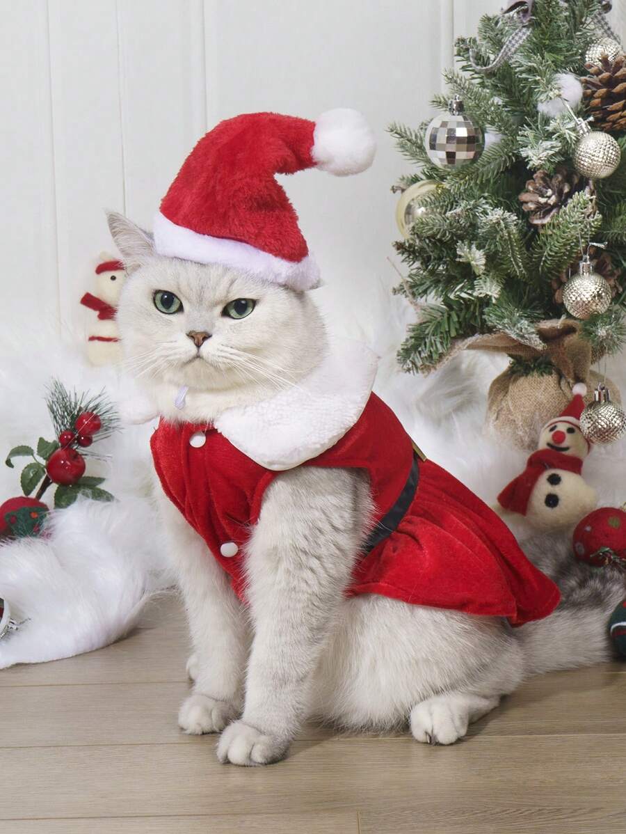 1件经典圣诞老人宠物服装，适合猫狗穿着