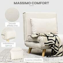 HOMCOM Divano Letto 2 Posti con Schienale Regolabile in 5 Livelli, Divano Letto Matrimoniale Pieghevole con 2 Cuscini per Soggiorno, in Tessuto Imbottito, Acciaio e Legno, 102x73x81 cm, Bianco Crema