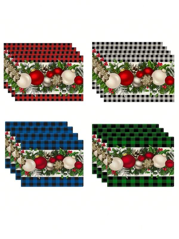 Conjunto de 4 peças de jogos americanos de linho com tema de Natal - xadrez vermelho e preto Buffalo, almofada de isolamento térmico, jogo americano de decoração de cozinha, toalha de mesa de jantar, perfeito para decoração de mesa de Natal e feriados, lavável à máquina, 12 x 18 polegadas