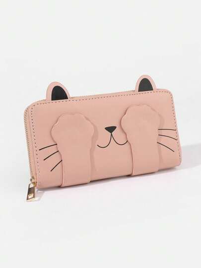 Cat Ear Zipper Long Wallet, Suitable For Storing Credit Cards And Cash