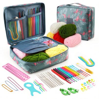 59pcs/Set Ergonomic Crochet Kit, Including Crochet Hooks, Yarn, Accessories Storage Bag, Needles, Scissors, Stitch Markers, Suitable For DIY Crafts, Knitting, Beginner (All Accessories In Random Color)