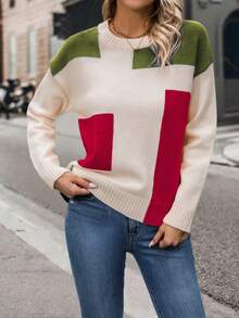 女士圆领长袖不对称拼色简约休闲上衣，日常穿着 - 櫻桃紅 - 查看 4