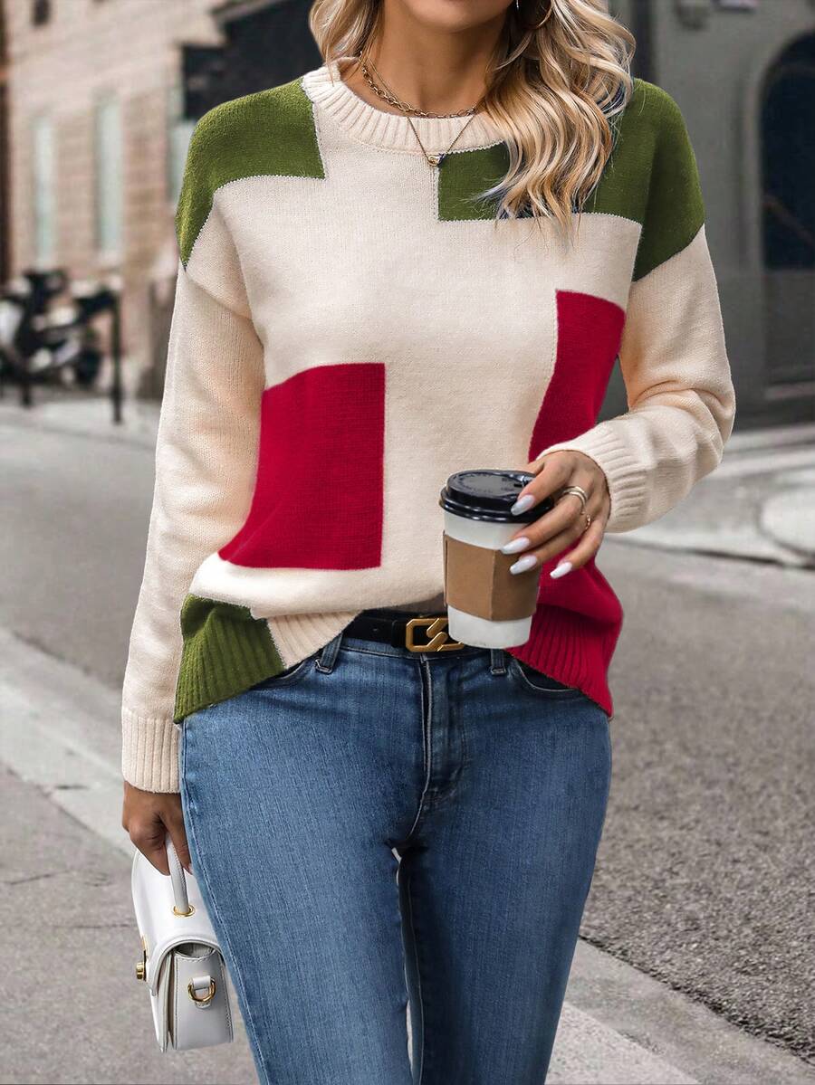 女士圆领长袖不对称拼色简约休闲上衣，日常穿着 - 櫻桃紅 - 查看 1