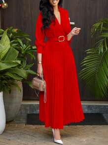 优雅收腰轻盈纯色百褶裙，配腰带，复古风格女装，适合秋冬季节、正式场合、婚礼、返校节、生日、教师装等。 - 紅色 - 查看 2