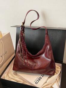 秋冬复古美亚德色漆皮PU软面料流浪包百搭单肩大容量百搭休闲通勤包 - 酒紅色 - 查看 3