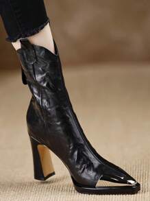 Fashion Match Corset , 2024 Autumn/Winter New Metallic Pointed Toe Block Heel Mid-Calf Boots For Women,Party - Black - View 4