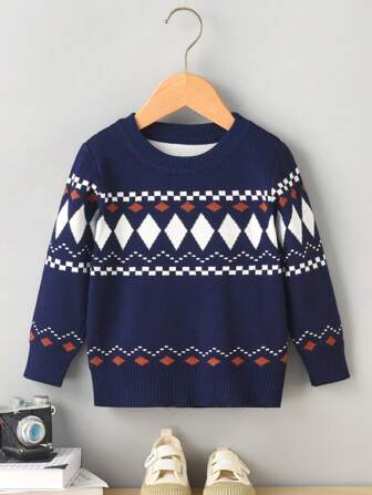 Tween Boy 几何色块针织套头衫，校园风格，适合春季、秋季和冬季