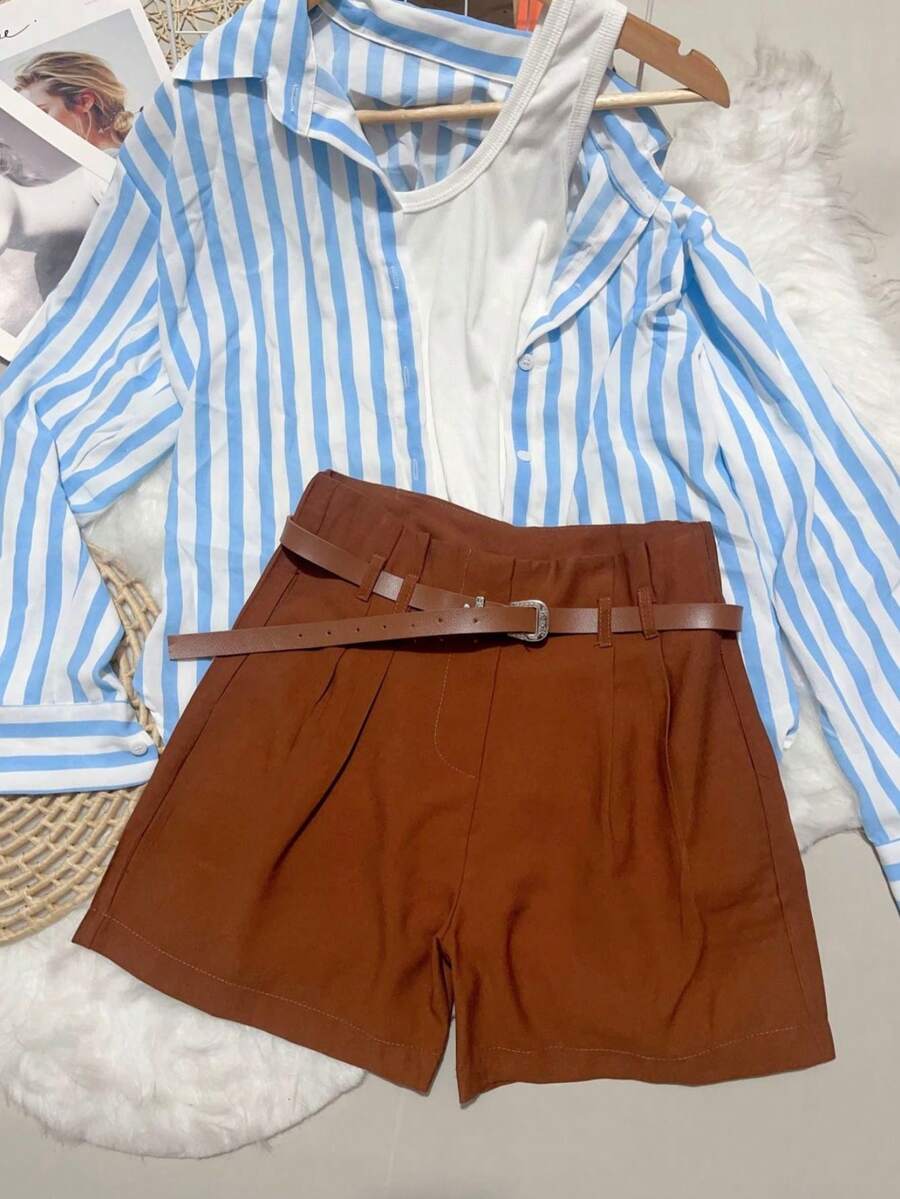 Short Marrant feminina lisa com cinto - Caramelo - Visão 1