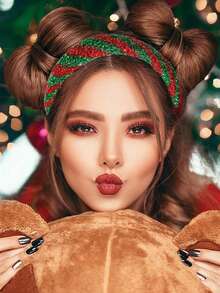 1pc Christmas Headband Striped Ribbon Bowknot Top Hairband, Shiny Tinsel Decor Party Hair Accessory For Women, Fashion Headpiece - Multicolor - View 2