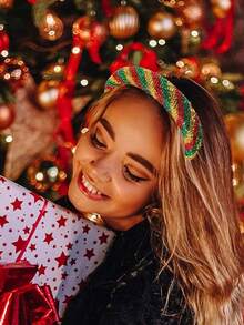 1pc Christmas Headband Striped Ribbon Bowknot Top Hairband, Shiny Tinsel Decor Party Hair Accessory For Women, Fashion Headpiece - Multicolor - View 1