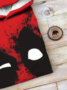 男士红色新颖数码印花袋口袋套头连帽衫运动衫，休闲宽松时尚连帽上衣 - 紅色 - 查看 6