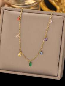 1 chiếc vòng cổ mặt dây chuyền bằng thép không gỉ với đá Cubic Zirconia nhiều màu, đá Rainbow Zirconia, phong cách lãng mạn của Pháp, thiết kế cổ điển tối giản hợp thời trang, phù hợp với trang phục thường ngày của phụ nữ hoặc trang sức dự tiệc - Vàng - Xem 2