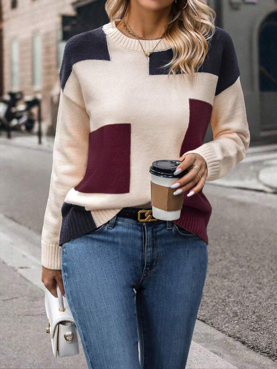 Áo len dài tay trễ vai phối màu bất đối xứng tối giản, mặc thường ngày - Màu Đỏ Sâu - Xem 1