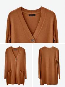 Cárdigan de hombros caídos de manga larga con bolsas elegante Chaquetas de punto sueltas para mujer, cárdigan de punto de moda para primavera y otoño - Marrón - Ver 3