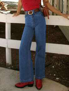 Design Jeans Autumn Retro High-Waisted Straight Pants Washed Blue Casual Pants Women (Without Belt) - Blue - View 6