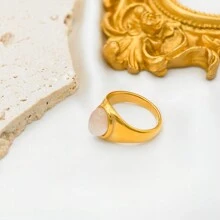 1 件不锈钢 18K 镀金时尚简约嘻哈玛瑙极简别致戒指，时尚派对礼物 - 粉紅水晶 - 查看 3