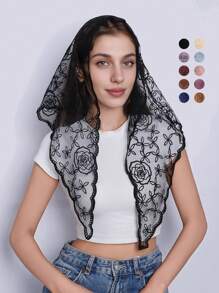 1pc Women's Multi-Color Lace Rose Flower Embroidered Scarf, Triangular Shawl, Fashionable Versatile Elegant Sunscreen Headscarf, New Design Valentine's Day Valentines
