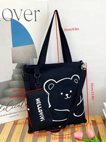 Cartoon Print Canvas Tote Bag, Shoulder Messenger Bag, Versatile High Capacity Bookbag For Middle/Elementary School Students, Literary School Bag & Book Bag For Women Or Students, Perfect For Books, Shopping, Back To School And More - Black - View 8