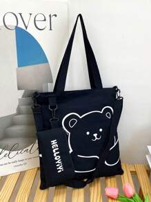 Cartoon Print Canvas Tote Bag, Shoulder Messenger Bag, Versatile High Capacity Bookbag For Middle/Elementary School Students, Literary School Bag & Book Bag For Women Or Students, Perfect For Books, Shopping, Back To School And More - Black - View 4