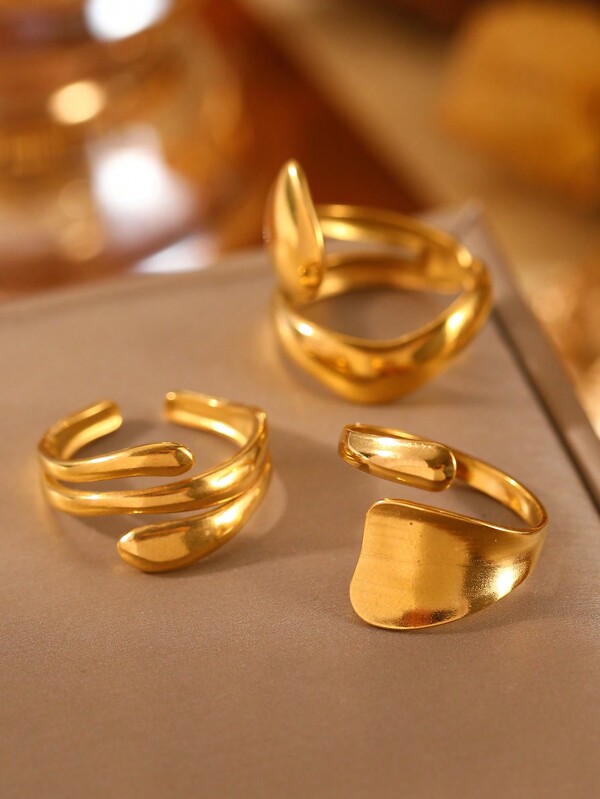 3 pièces/set Bague ouverte géométrique asymétrique à goutte d'eau tendance, en acier inoxydable, bagues superposables minimalistes vintage pour femmes, convient pour un usage décontracté, de soirée ou de fête