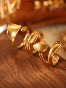 3 件套时尚不对称几何水滴开口戒指套装，不锈钢，复古简约女士可叠戴戒指，适合休闲、约会、派对佩戴 - 金黃色 - 查看 3